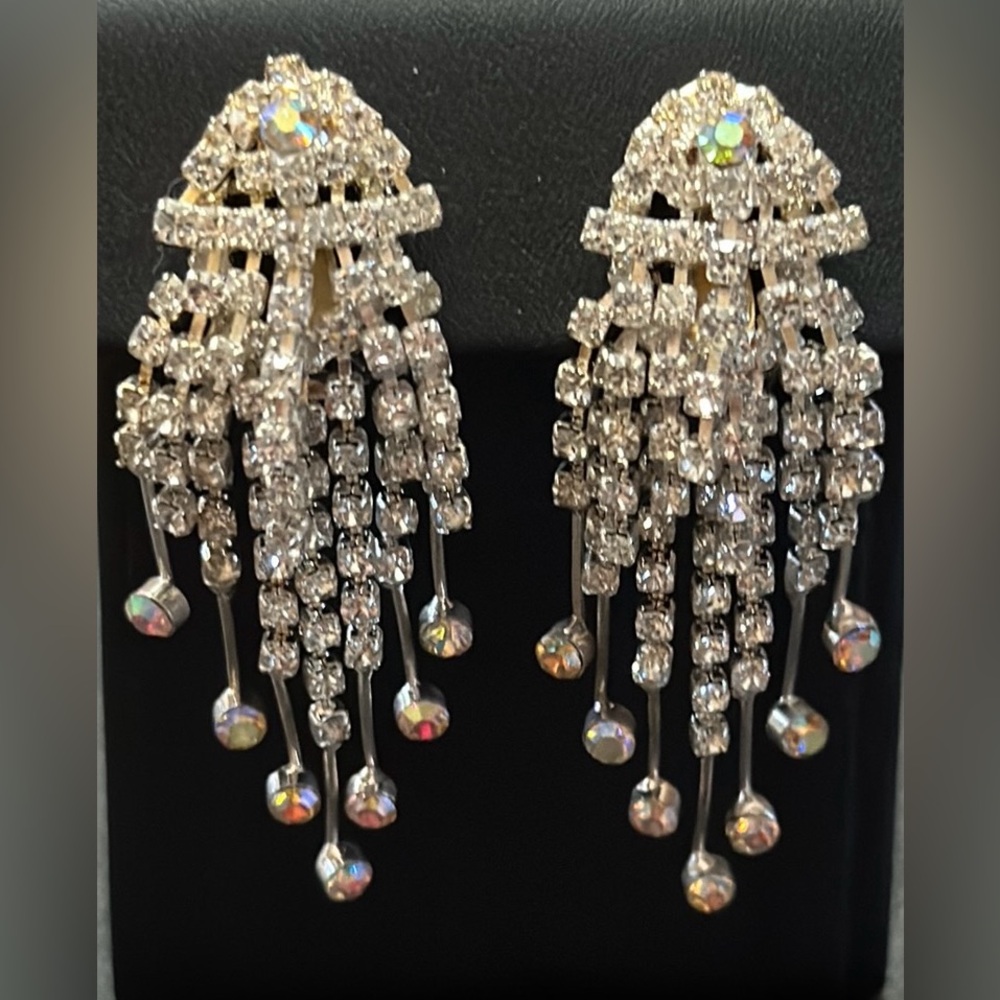 AB Crystal & Rhinestone Vintage Clip On Dangling Drop Earrings